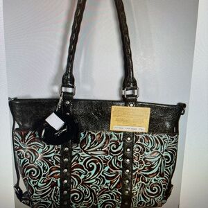 Patricia Nash Tooled Turquoise Tote Carducci Leather Floral New w Product Card